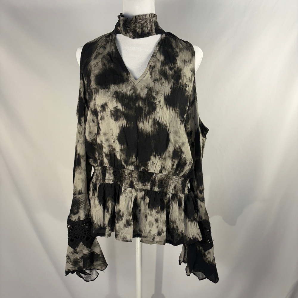 VENUS Black Tie Dye Cold Shoulder Smocked Waist Peplum Top - Medium
